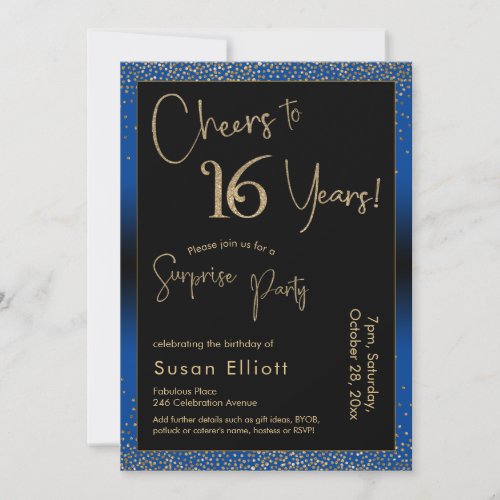 Cheers to 16 Years Surprise Birthday Party Blue Invitation