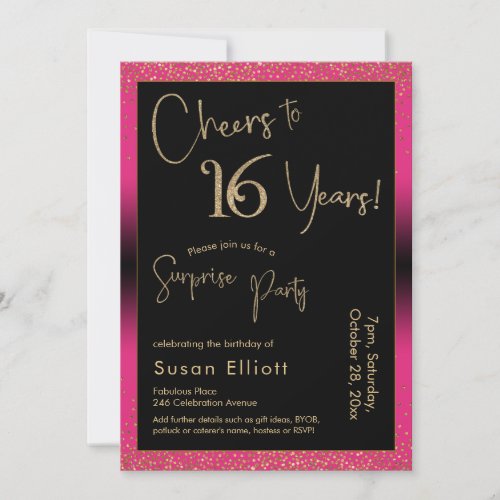 Cheers to 16 Years Surprise Birthday Party Pink Invitation