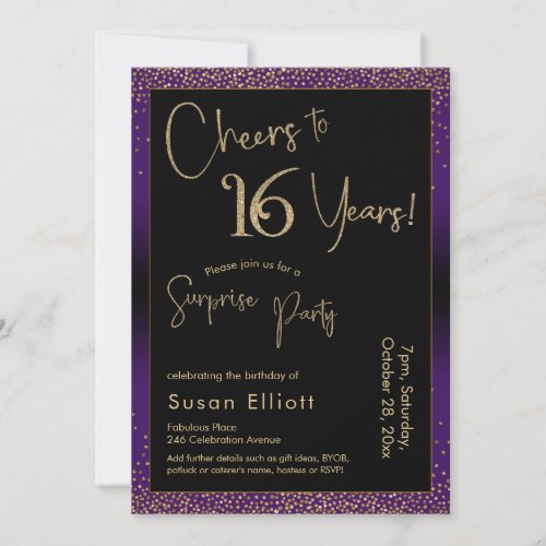 Cheers to 16 Years Surprise Birthday Party Purple Invitation