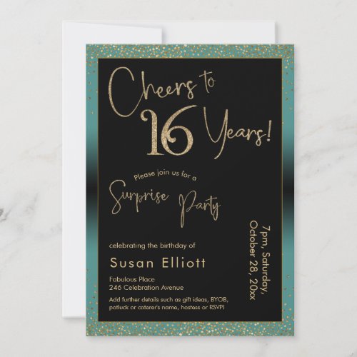 Cheers to 16 Years Surprise Birthday Party Teal Invitation