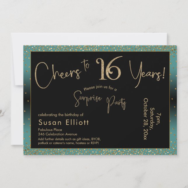 Cheers to 16 Years Surprise Birthday Teal and Gold Invitation (Front)