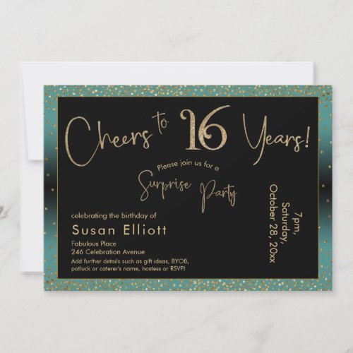 Cheers to 16 Years Surprise Birthday Teal and Gold Invitation