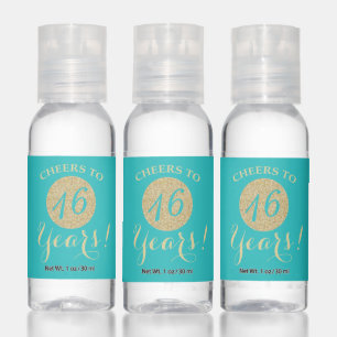 Cheers to 16 Years Teal Turquoise and Gold Glitter Hand Sanitizer