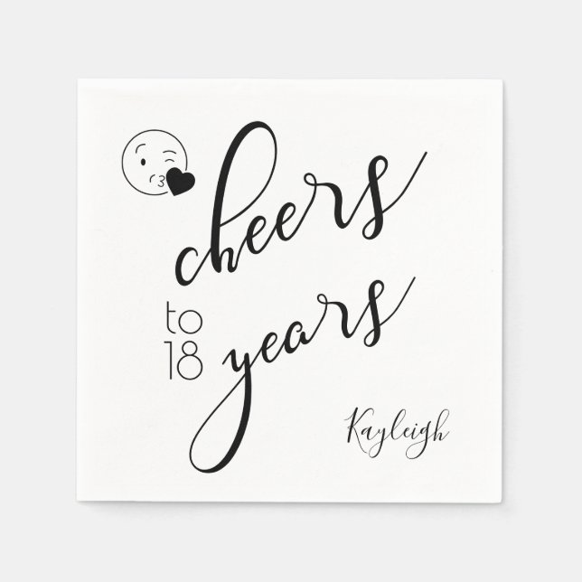 Cheers to 18 Years Black and White Modern Text Napkins (Front)