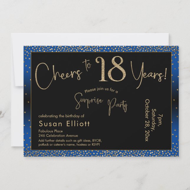 Cheers to 18 Years Surprise Birthday Gold & Blue Invitation (Front)
