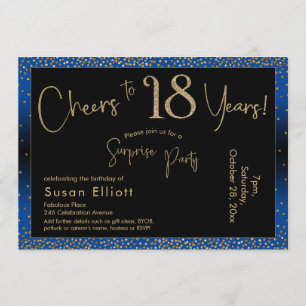Cheers to 18 Years Surprise Birthday Gold & Blue Invitation