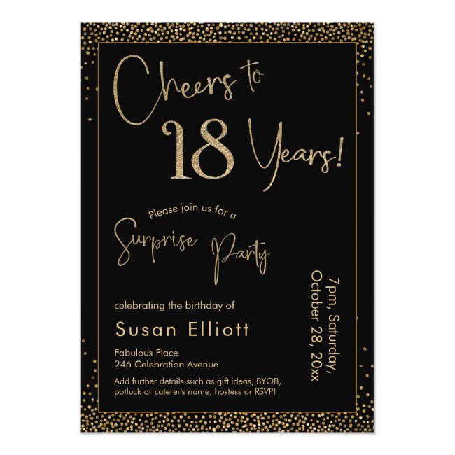 Cheers to 18 Years Surprise Birthday Party Black Invitation