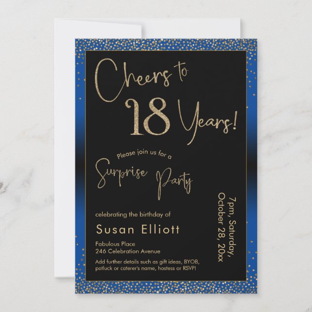 Cheers to 18 Years Surprise Birthday Party Blue Invitation (Front)