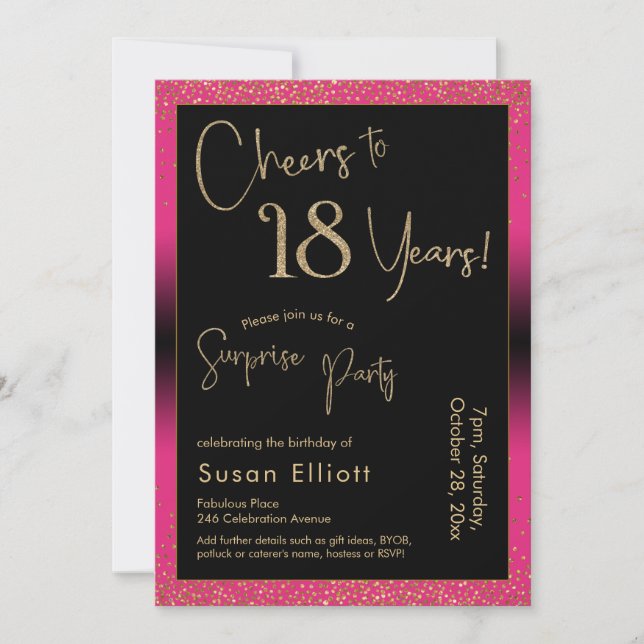 Cheers to 18 Years Surprise Birthday Party, Pink Invitation (Front)