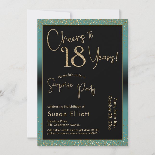 Cheers to 18 Years Surprise Birthday Party, Teal Invitation (Front)