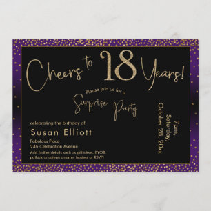 Cheers to 18 Years Surprise Birthday, Purple Invitation