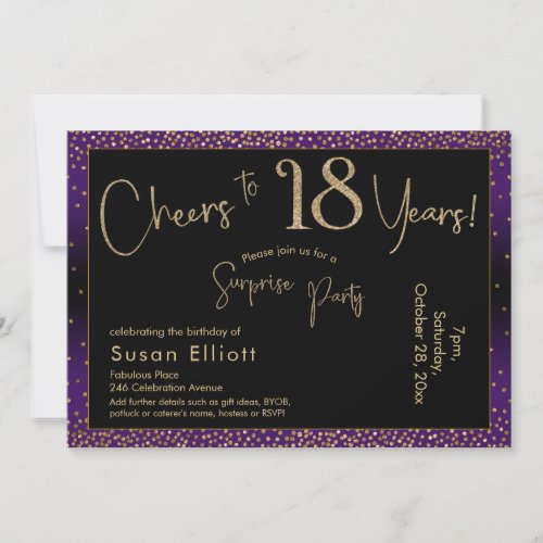 Cheers to 18 Years Surprise Birthday Purple Invitation