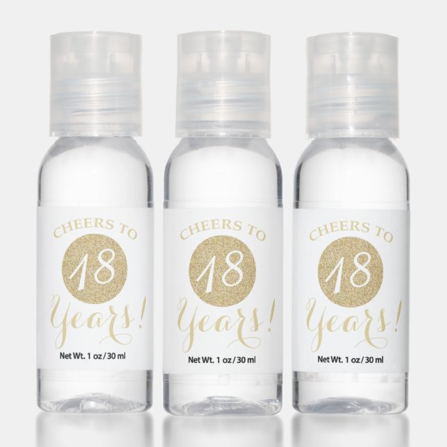 Cheers to 18 Years White and Gold Glitter Hand Sanitizer (Set)