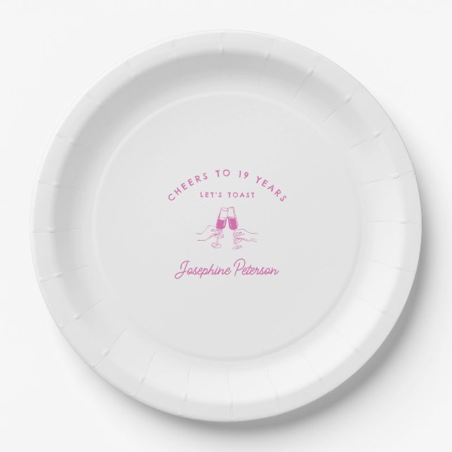 Cheers to 19 Years Pink 19th Birthday Custom Paper Plates (Front)