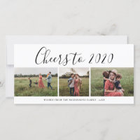Cheers To 2020 Script Three Photo Collage Modern Holiday Card