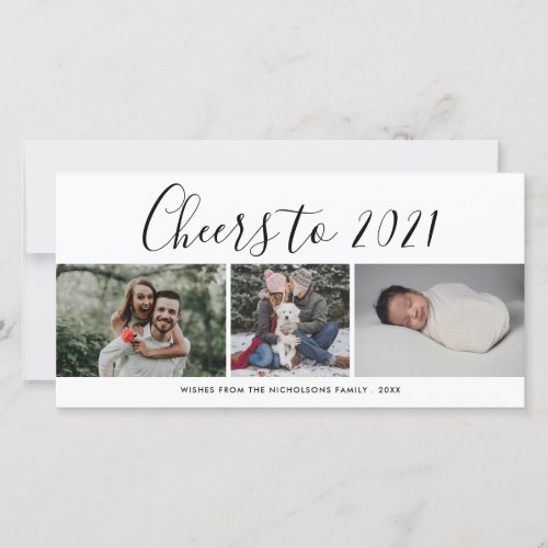 Cheers To 2021 Script Three Photo Collage Modern Holiday Card