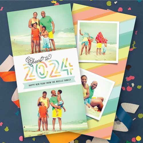 Cheers to 2024 Citrus Stripes New Year 2 Photo Holiday Card