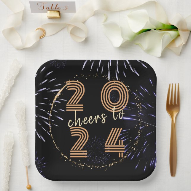 Cheers to 2024 Fireworks New Year Party Paper Plates (Wedding)