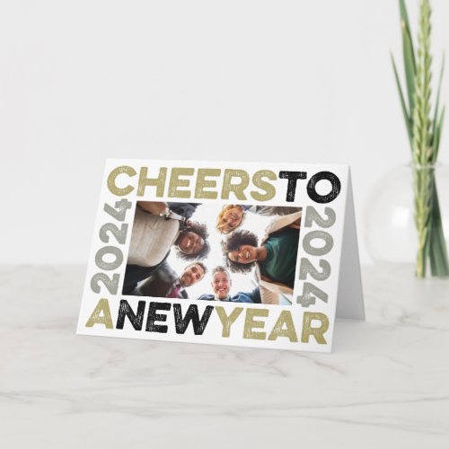 Cheers To 2024 Gold Typography Blocks Frame Photo Holiday Card