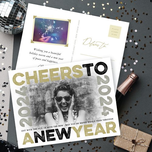 Cheers To 2024 Gold Typography Blocks Frame Photo Holiday Postcard