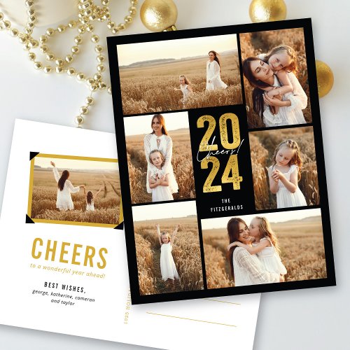 Cheers To 2024 Gold Typography Modern New Year Holiday Postcard