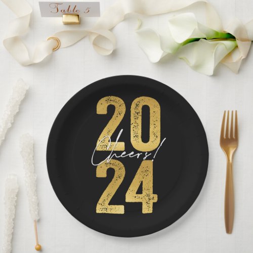 Cheers To 2024 Gold Typography Modern New Year Paper Plates