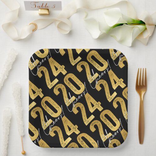 Cheers To 2024 Gold Typography New Year Party Paper Plates