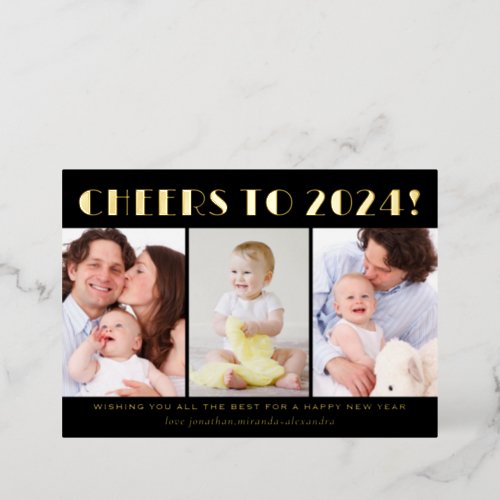 Cheers to 2024 New Year Photo Collage Gold Foil Holiday Card