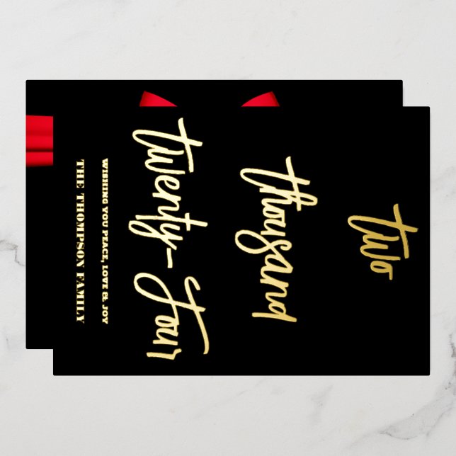 Cheers to 2024, red ribbon foil holiday card (Front/Back)