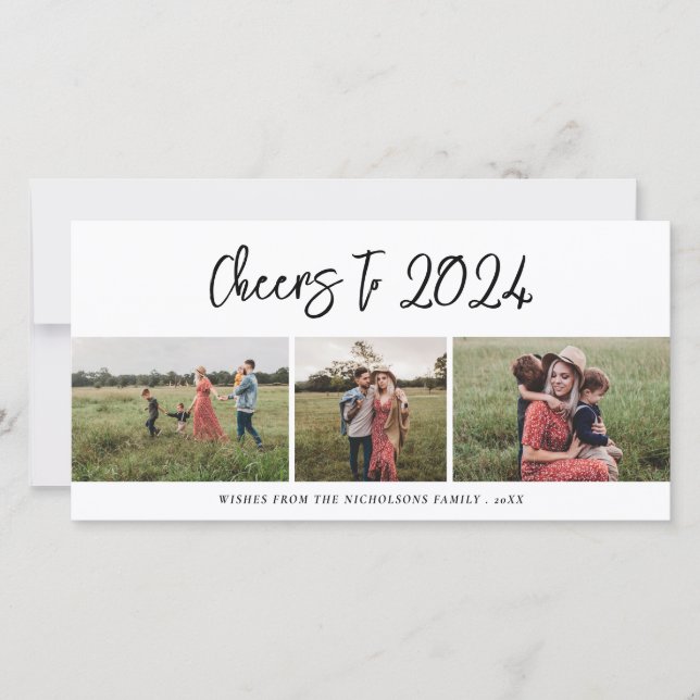 Cheers To 2024 Script Three Family Photo Modern Holiday Card (Front)