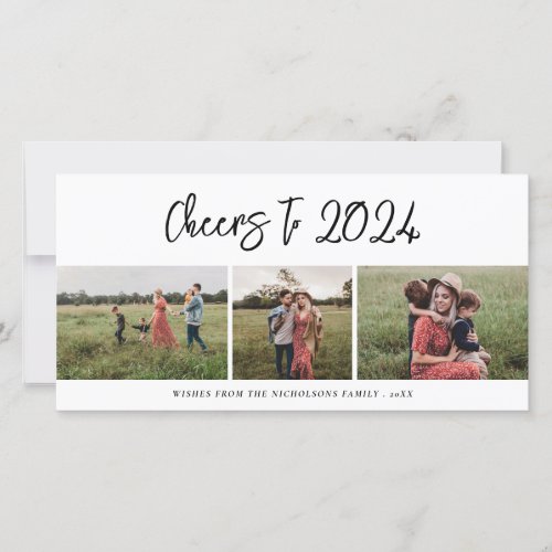 Cheers To 2024 Script Three Family Photo Modern Holiday Card