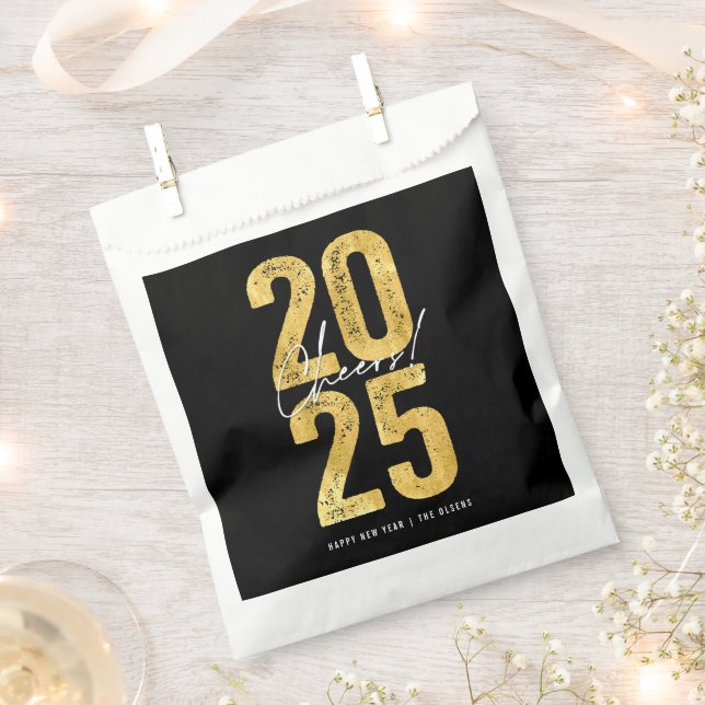 Cheers To 2025 Gold Typography Modern New Year Favor Bag (Clipped)