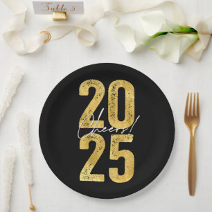 Cheers To 2025 Gold Typography Modern New Year Paper Plates