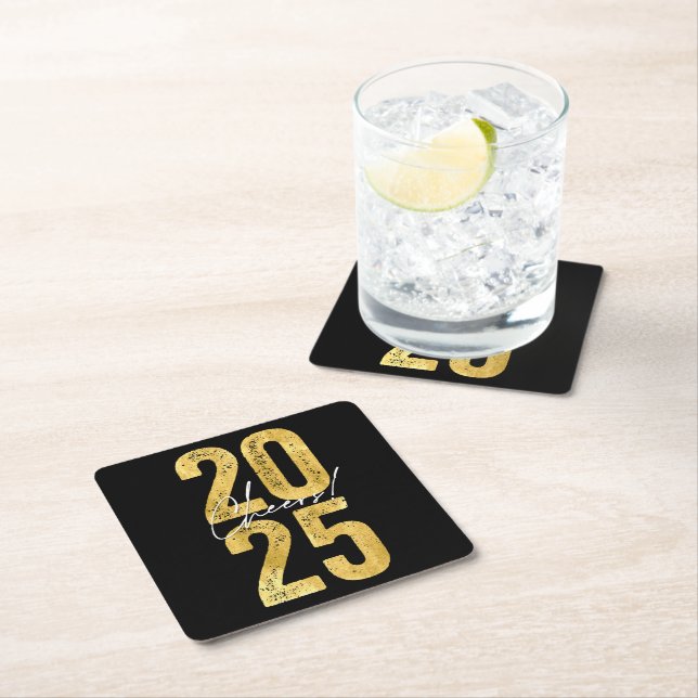 Cheers To 2025 Gold Typography Modern New Year Square Paper Coaster (Insitu)
