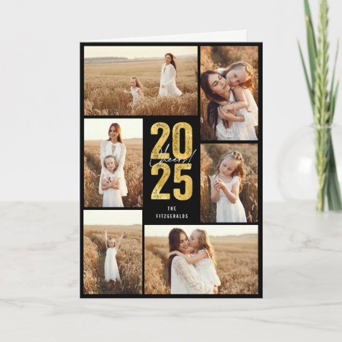 Cheers To 2025 Gold Typography New Year 6 Photo Holiday Card