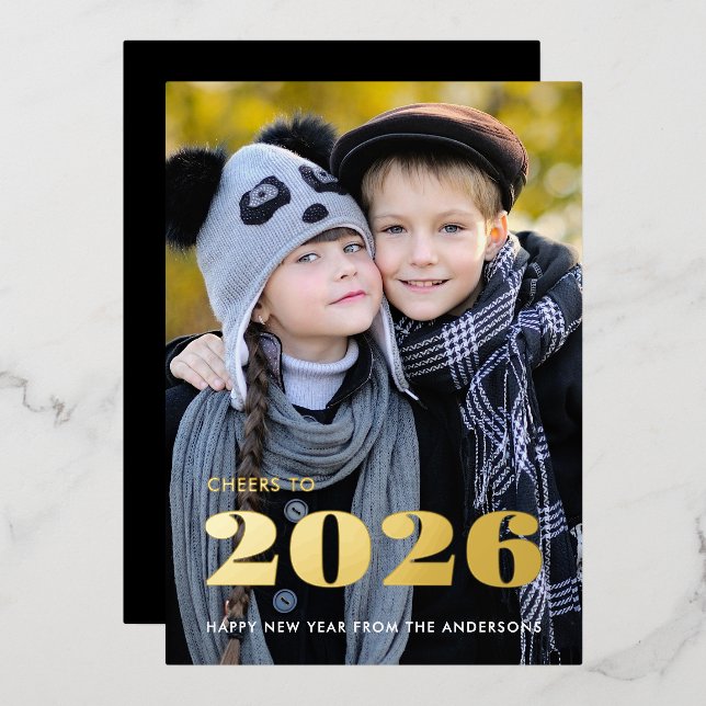 Cheers To 2026 Happy New Years Photo Gold Foil Holiday Card (Front/Back)