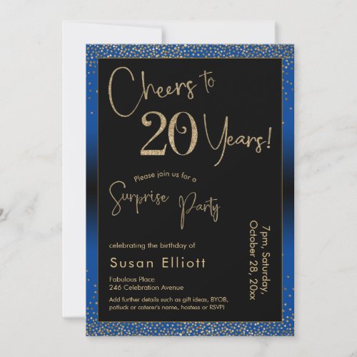 Cheers to 20 Years Surprise Birthday Party Blue Invitation