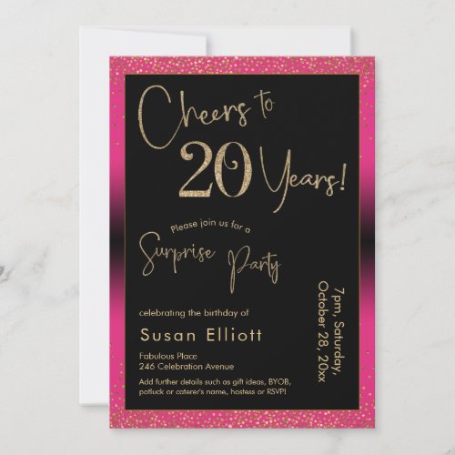 Cheers to 20 Years Surprise Birthday Party Pink Invitation