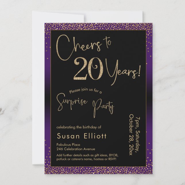 Cheers to 20 Years Surprise Birthday Party, Purple Invitation (Front)