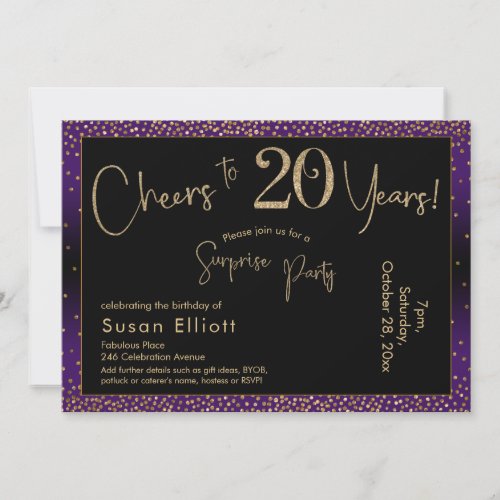 Cheers to 20 Years Surprise Birthday Purple Invitation