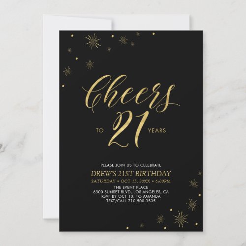 Cheers to 21  Gold  Black 21st Birthday Party Invitation