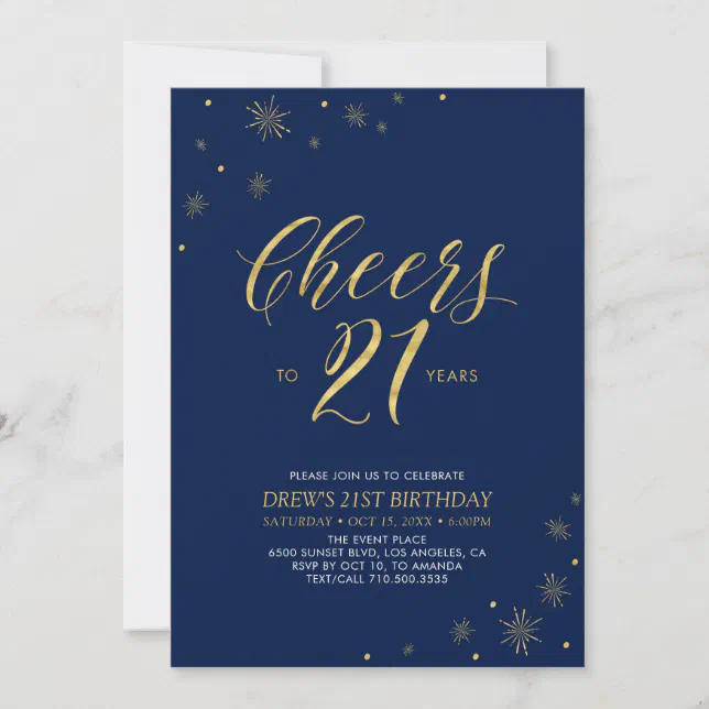 Cheers to 21 | Gold & Navy 21st Birthday Party Invitation | Zazzle