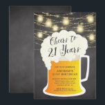 Cheers to 21 Years 21st Birthday Invitation<br><div class="desc">Cheers to 21 years birthday invitation featuring a beer mug set on a popular chalkboard background with hanging mason jar lights</div>