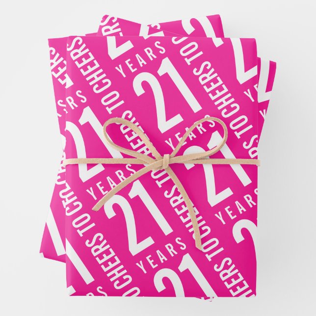 Cheers to 21 Years Birthday Hot Pink Wrapping Paper Sheets (In situ)