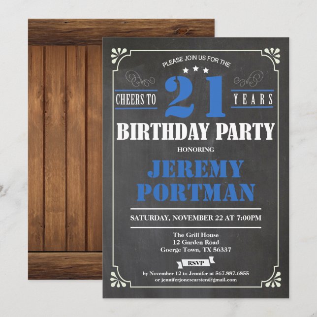 Cheers to 21 years birthday invitation. Retro Invitation (Front/Back)