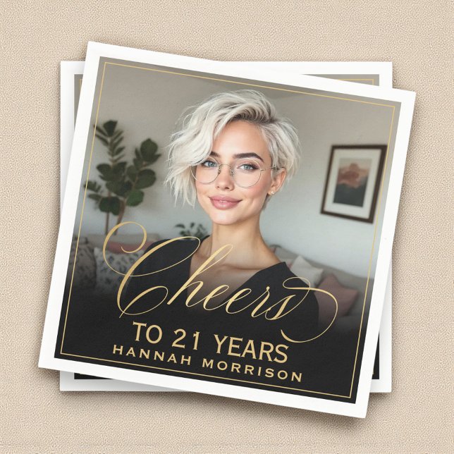 Cheers to 21 Years Birthday Photo Gold Black Napkins (Creator Uploaded)