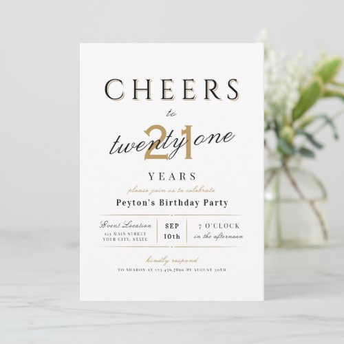 Cheers to 21 years elegant modern classy birthday invitation