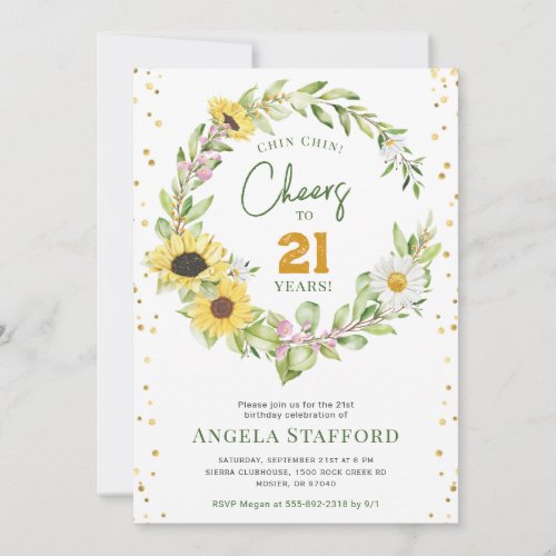 Cheers to 21 Years Modern Bright Sunflower Girls Invitation