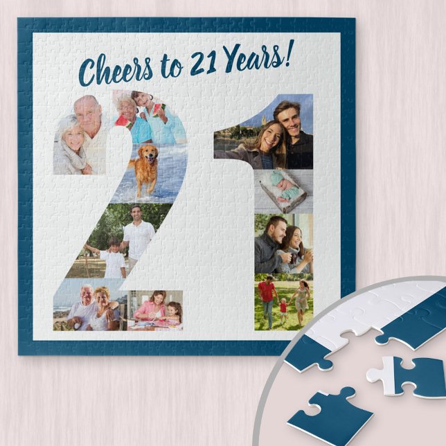 Cheers to 21 Years Number 21 Photo Collage Square Jigsaw Puzzle (Creator Uploaded)