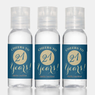 Cheers to 21 Years Ocean Blue and Gold Glitter Hand Sanitizer